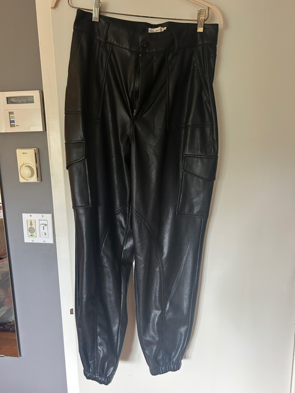 Good American Black Faux Leather Cargo Joggers